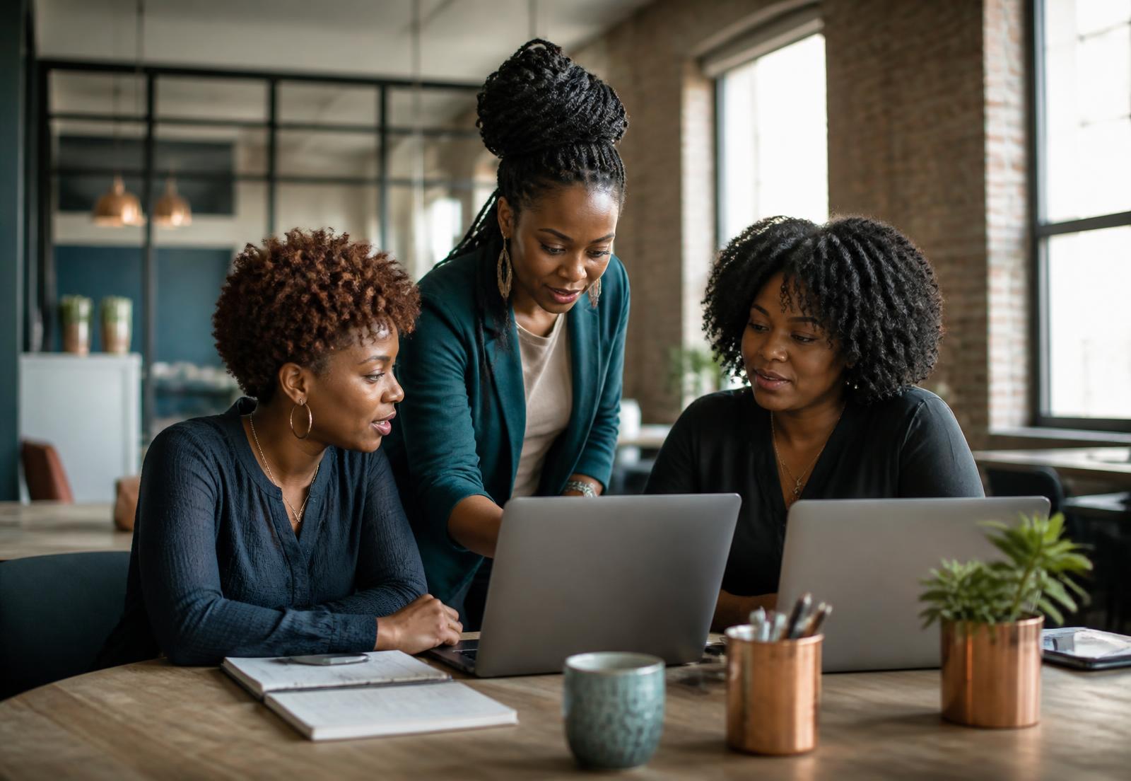 Black women entrepreneurs collaborating over laptops in an Omaha co-working space